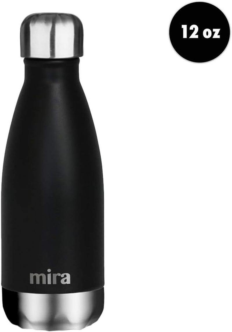12 Oz Insulated Slim Stainless Steel Water Bottle - Double Wall Thermo Flask for 24Hr Cold & 12Hr Hot - Sleek Black Design