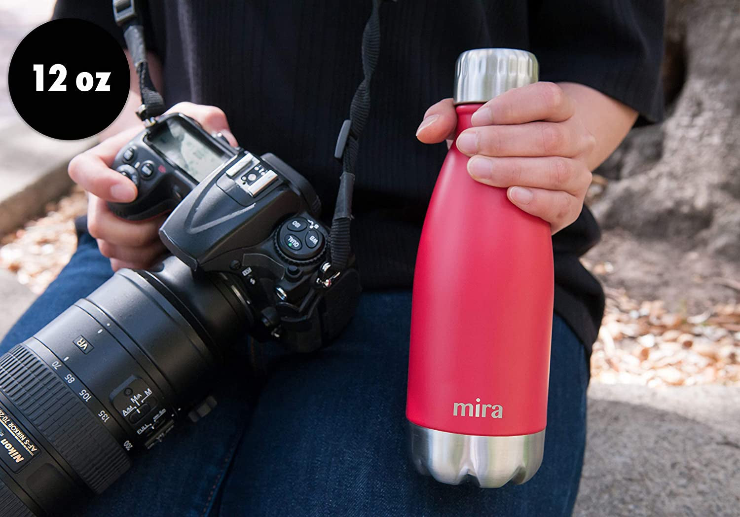 12 Oz Insulated Slim Stainless Steel Water Bottle - Double Wall Thermo Flask for 24Hr Cold & 12Hr Hot - Sleek Black Design