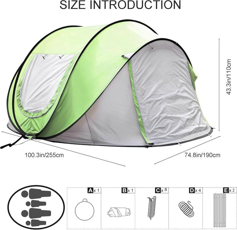 4-Person Instant Pop-Up Camping Tent - Waterproof Automatic Setup with Dual Doors - Family Outdoor Tent in Blue and Green